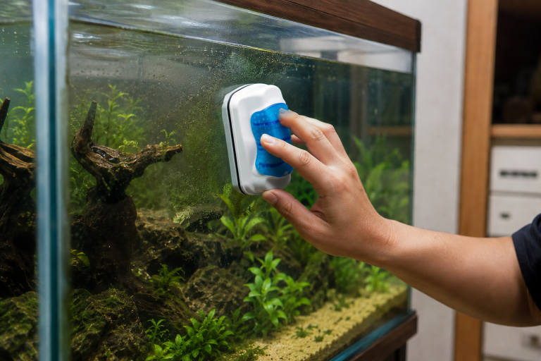 membersihkan kaca aquarium